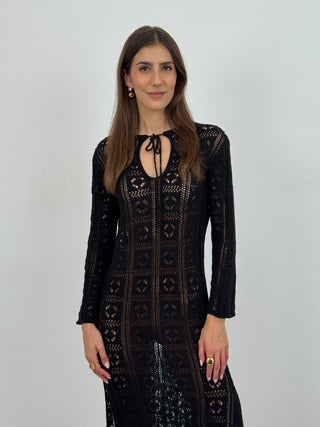Abito Crochet a Manica Lunga Nizza Nero