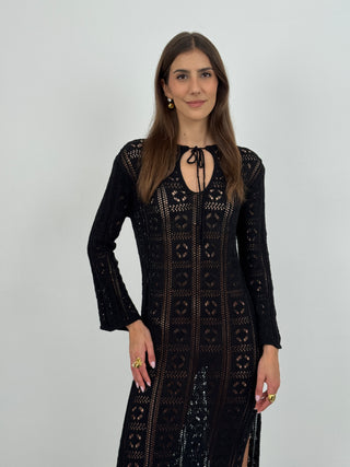 Abito Crochet a Manica Lunga Nizza Nero