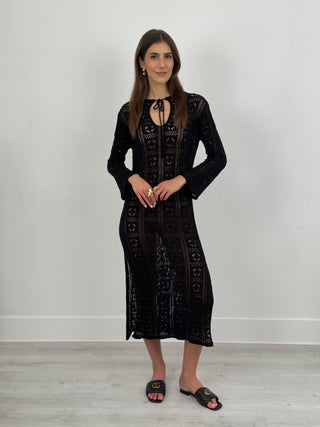 Abito Crochet a Manica Lunga Nizza Nero