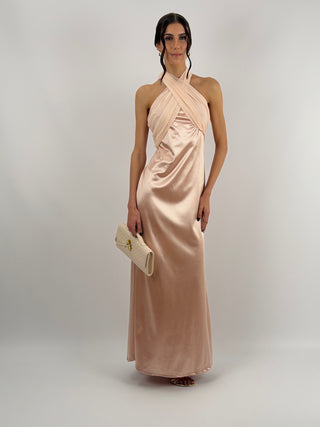 Abito Lungo con Collo Incrociato Rosa