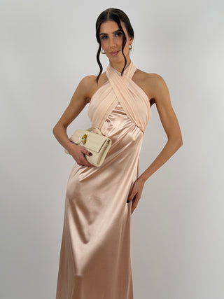 Abito Lungo con Collo Incrociato Rosa