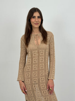 Abito Crochet a Manica Lunga Nizza Sabbia