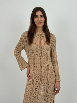 Abito Crochet a Manica Lunga Nizza Sabbia