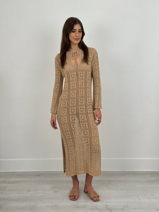 Abito Crochet a Manica Lunga Nizza Sabbia