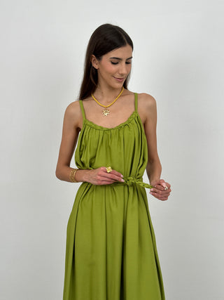 Abito Lungo con Cintura Intrecciata Verde Lime