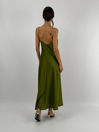 Abito in Satin con Scollo Morbido Verde Oliva