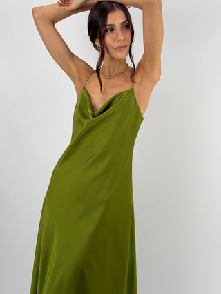 Abito in Satin con Scollo Morbido Verde Oliva