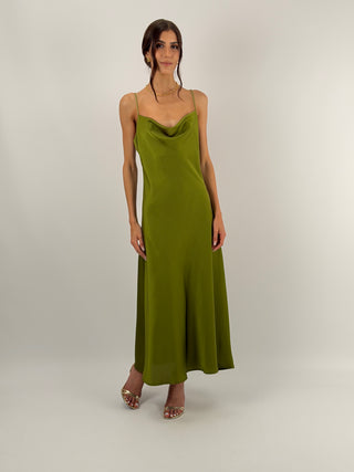 Abito in Satin con Scollo Morbido Verde Oliva