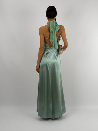 Abito Lungo con Collo Incrociato Verde Salvia