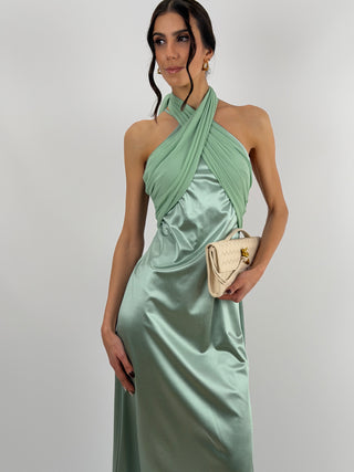 Abito Lungo con Collo Incrociato Verde Salvia