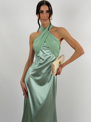 Abito Lungo con Collo Incrociato Verde Salvia