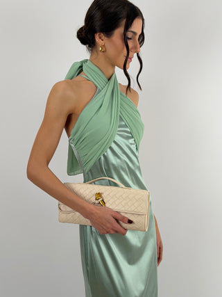 Abito Lungo con Collo Incrociato Verde Salvia