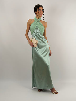 Abito Lungo con Collo Incrociato Verde Salvia