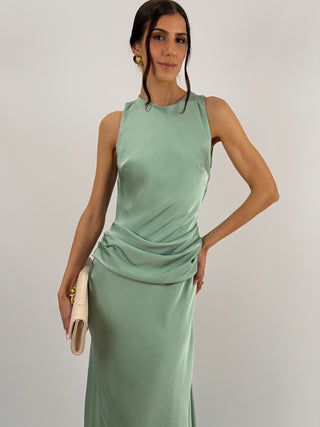 Abito Lungo con Fascia in Vita Verde Salvia