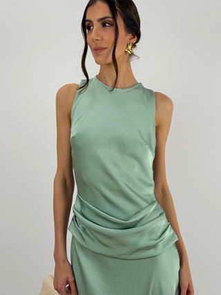 Abito Lungo con Fascia in Vita Verde Salvia