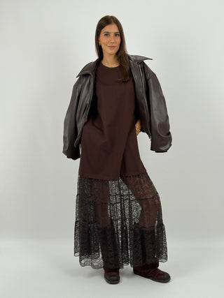 Abito T-Shirt Combinato con Pizzo Lumina Marrone