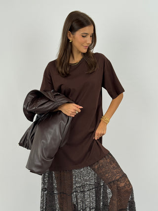 Abito T-Shirt Combinato con Pizzo Lumina Marrone