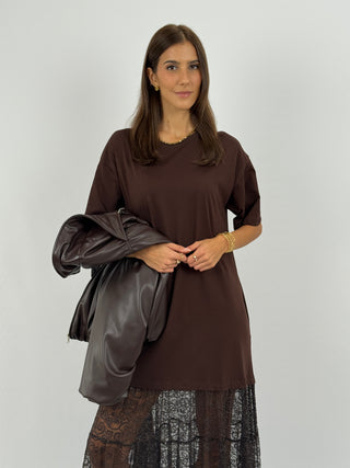 Abito T-Shirt Combinato con Pizzo Lumina Marrone