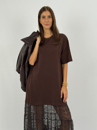 Abito T-Shirt Combinato con Pizzo Lumina Marrone