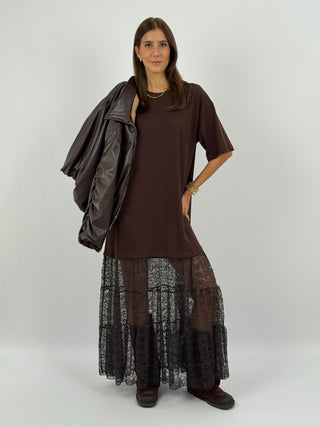 Abito T-Shirt Combinato con Pizzo Lumina Marrone