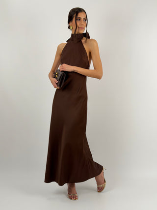 Abito Lungo Halter Marrone