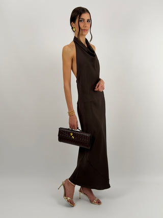 Abito Lungo Halter con Scollo Morbido Marrone