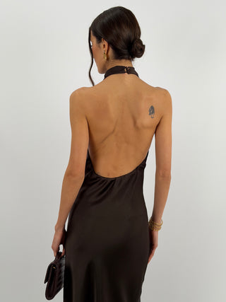 Abito Lungo Halter con Scollo Morbido Marrone