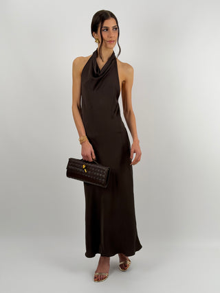 Abito Lungo Halter con Scollo Morbido Marrone
