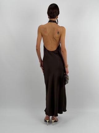 Abito Lungo Halter con Scollo Morbido Marrone