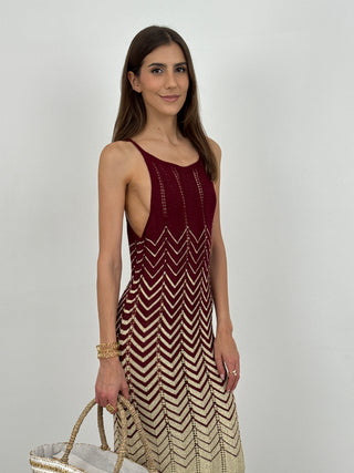 Abito Midi con Motivo Geometrico Bordeaux