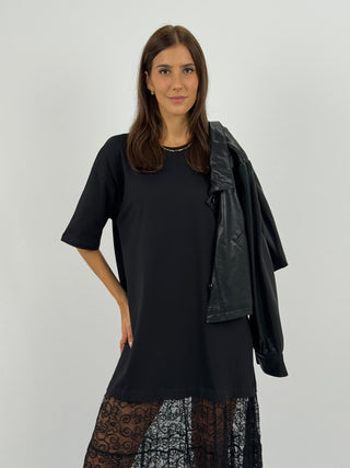 Abito T-Shirt Combinato con Pizzo Lumina Nero