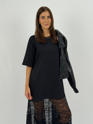 Abito T-Shirt Combinato con Pizzo Lumina Nero