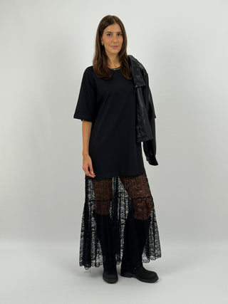 Abito T-Shirt Combinato con Pizzo Lumina Nero