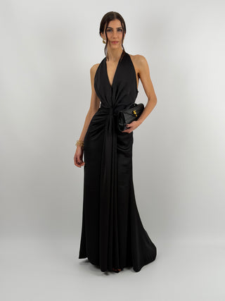 Abito Lungo Scollo a V con Drappeggio Nero