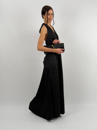 Abito Lungo Scollo a V con Drappeggio Nero
