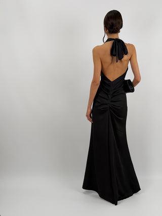 Abito Lungo Scollo a V con Drappeggio Nero