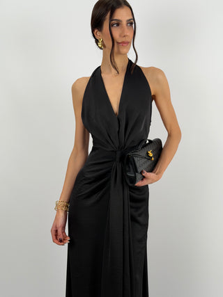 Abito Lungo Scollo a V con Drappeggio Nero