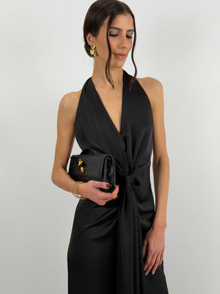 Abito Lungo Scollo a V con Drappeggio Nero