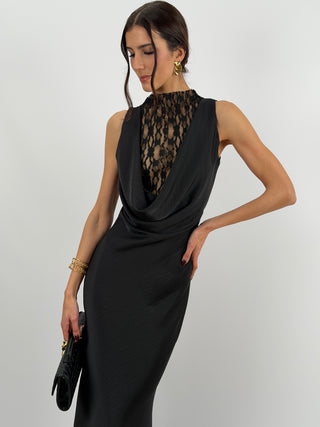 Abito Lungo Scollo Morbido e Pizzo Nero