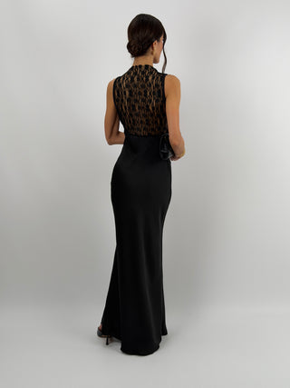 Abito Lungo Scollo Morbido e Pizzo Nero