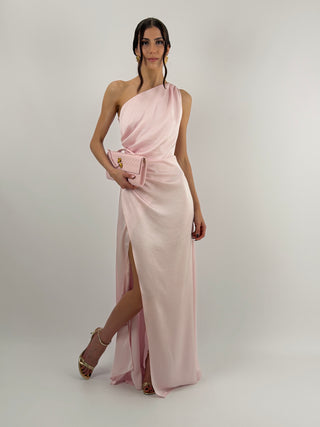 Abito Lungo Monospalla con Spacco Rosa