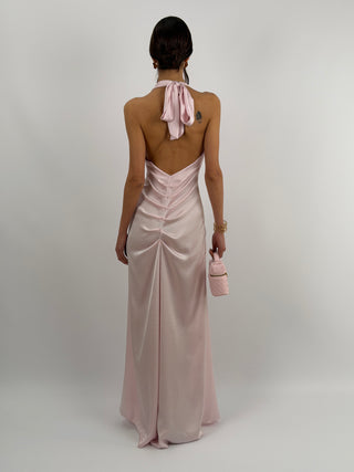 Abito Lungo Scollo a V con Drappeggio Rosa