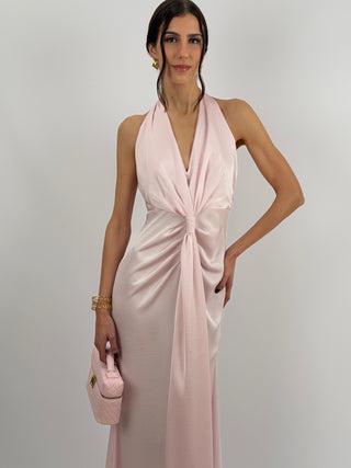 Abito Lungo Scollo a V con Drappeggio Rosa