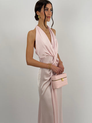 Abito Lungo Scollo a V con Drappeggio Rosa