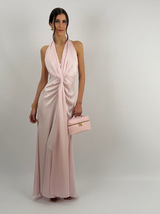 Abito Lungo Scollo a V con Drappeggio Rosa