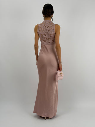 Abito Lungo Scollo Morbido e Pizzo Rosa