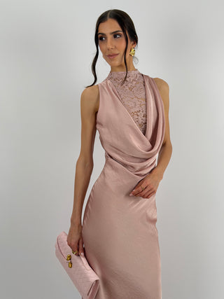 Abito Lungo Scollo Morbido e Pizzo Rosa