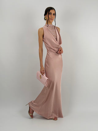 Abito Lungo Scollo Morbido e Pizzo Rosa