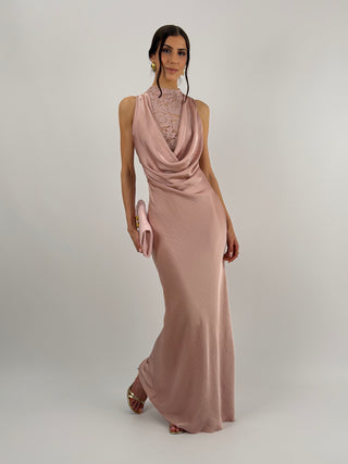 Abito Lungo Scollo Morbido e Pizzo Rosa