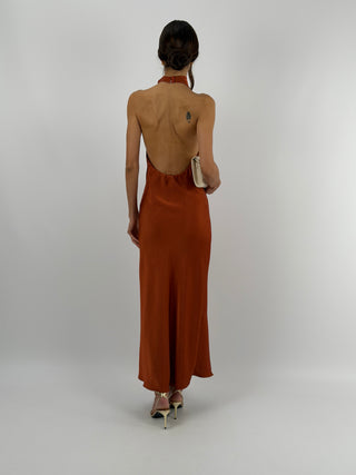 Abito Lungo Halter con Scollo Morbido Ruggine